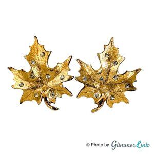 Vintage Sarah Coventry Maple Leaf Rhinestone Gold Tone Clip On Earrings